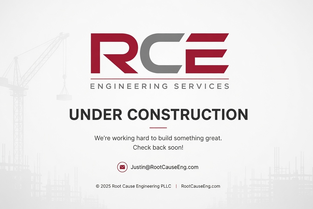 Root Cause Engineering - Under Construction. We are working hard to build something great. Check back soon! Contact Justin@RootCauseEng.com
